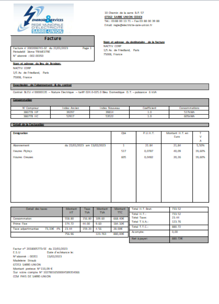 Energies & Services Regie Municipal d Electricite Sarre Union electricity utility business bill, SCR PSD template